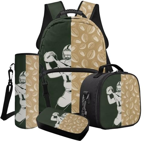 LACIYISON Ensemble sac à dos léger avec boîte à déjeuner, trousse à crayons, pochette pour bouteille d'eau, sac à dos de voyage pour école junior, Grille-pain de rugby, Taille unique, Ensemble