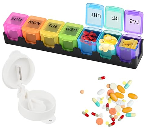 Portapillole Settimanale 7 Giorni + Tagliapillole per Pillole, Pill Organizer per Tablet, Porta Medicine Staccabile, Scatola per Medicinali, Portatile Taglia Pastiglie per Viaggio, BPA-Free