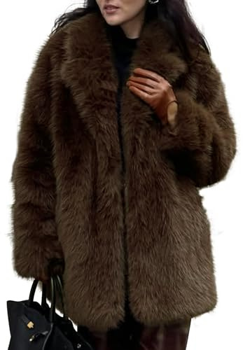 COZYPOIN Damen-Parka-Mantel aus Kunstfell, warm, mittellang, langärmelig, Revers, Winter, flauschige Oberbekleidung, zotteliger Parka-Mantel