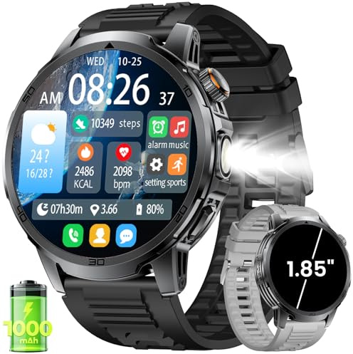 LIGE Militaire Montre Connectée Homme avec 1,85'' HD Grand Écran/LED Lampe/1000mAh Batterie,Smartwatch Homme avec 100+ Modes Sportifs,24/7 Moniteur de Fréquence Cardiaque et Sommeil pour Android iOS