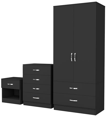 Nera Bedroom Furniture Set 3 Piece Set Wardrobe with Drawers Chest of Drawer Bedside Table Bedroom Storage (Matt Black)