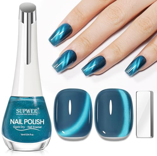SUPWEE Cat Eye Nail Polish Non Gel, 16ml Magnetic Nail Polish Lacquer | Teal Blue Quick Dry Shimmer Glassy Effect with Magnet Air Fast Dry Nails Varnish Manicure DIY Salon
