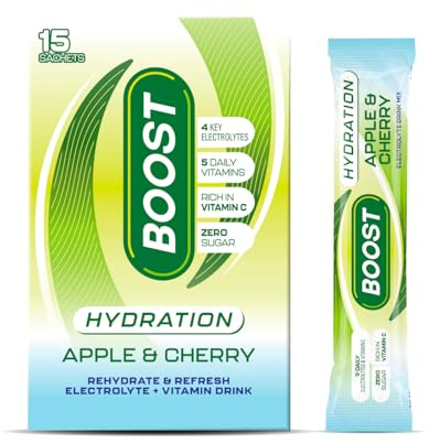 Boost Hydration Powder Apple Cherry, 15 Pack, 7g Sachets | Crisp apple and sweet cherry electrolyte powder mix to fuel daily recovery.