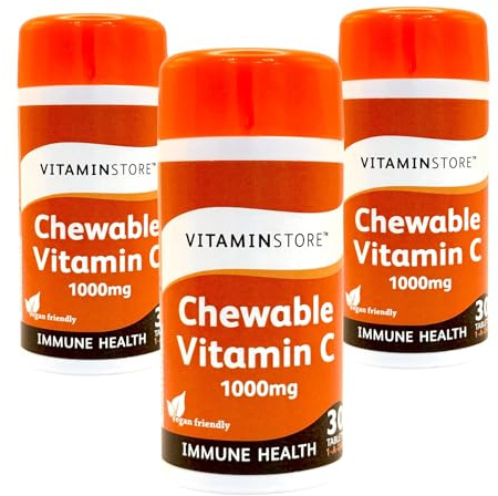 Vitamin Store High Strength Chewable Vitamin C 1000mg Tablets, GMP Certified Supplement, Supports Immune System Function, Collagen Formation and Energy Metabolism, 30 Tablets per Pack, Pack of 3