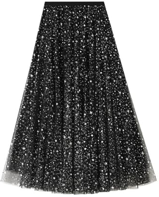 Glitzer Rock Damen, Elegantes Tüllrock Damen Lang Mit Sternen Glitzer High Waist A-Linie Faltenrock Festlicher Tüllrock Für Party Feierlichkeiten Modisches Outfit