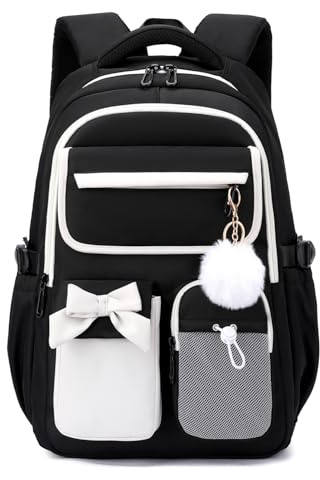 Amythe Schulrucksack Mädchen, Wasserabweisender Rucksack aus Oxford-Gewebe | Bequemer Schul Taschen für Mädchen mit Trolley-Schlaufe für Grund- und Sekundarschule, Schwarz Weiß