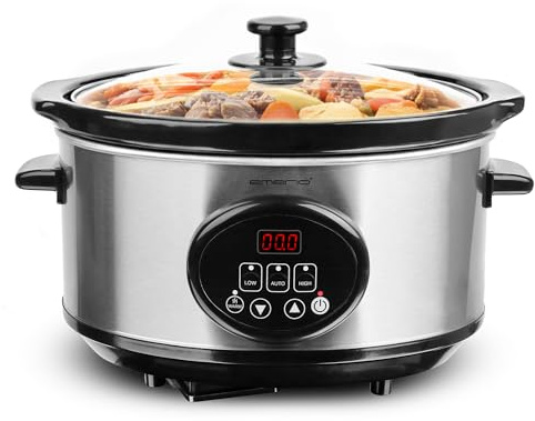 EMERIO SC-129406 - Pentola interna in ceramica da 3,5 l (rimovibile), 3 livelli di temperatura, display, timer, coperchio in vetro, 240 W, funzione di mantenimento al caldo, lavabile in lavastoviglie