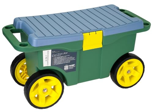 HMF 2-in-1 Gartenwagen mit Sitz und Stauraum, Gartenhocker mit großen Rollen, Rollsitz für Gartenarbeit bis 100 kg | 55 x 26,5 x 29,5 cm | Grün