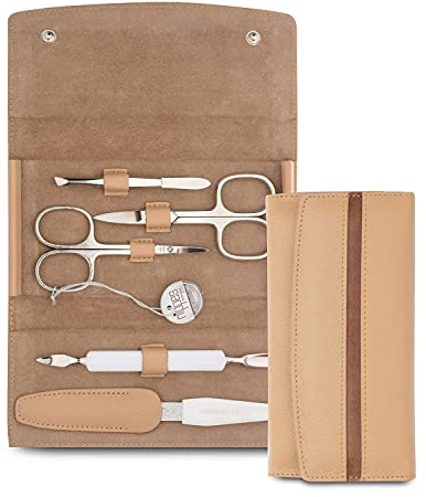 nippes Solingen Premium Line Maniküre Set GAP, 5-teilig, Edelstahl rost- und nickelfrei, Rindleder-Etui mit Druckknopf, Hellbraun, Nagelpflege Set, Maniküre Pediküre, Made in Germany