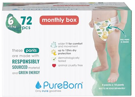 PureBorn 72 Windelhöschen Größe 6 (15+ kg), Ultra-Saugfähig, Hypoallergen, Weich & Sanft für Babys, Dermatologisch Getestet, Auslaufsicher, Umweltfreundlich aus Bambus