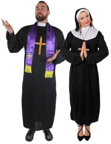 ILOVEFANCYDRESS® - Disfraz para parejas, disfraz de sacerdote y monja, túnica negra con cuello blanco y vaca negra + cinturón + cruz dorada de ILOVEFANCYDRESS®