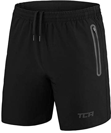 TCA Herren Elite Tech Leichte Laufhose Gymshorts Trainingsshorts und Laufshorts mit Reißverschlusstaschen - Sporthose Herren Kurz - Schwarz/Schwarz, S