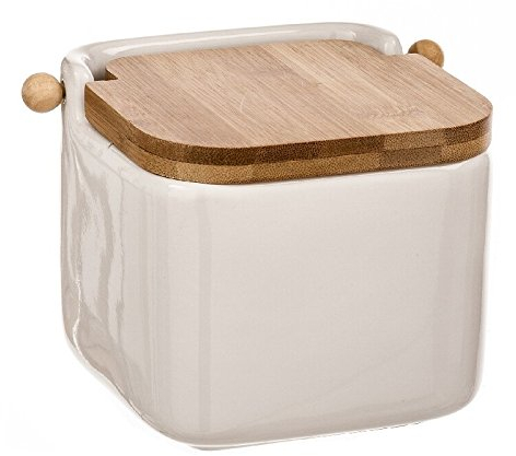 Saliera quadrata in ceramica con coperchio di bambù, 12 x 12 x 11 cm bianco