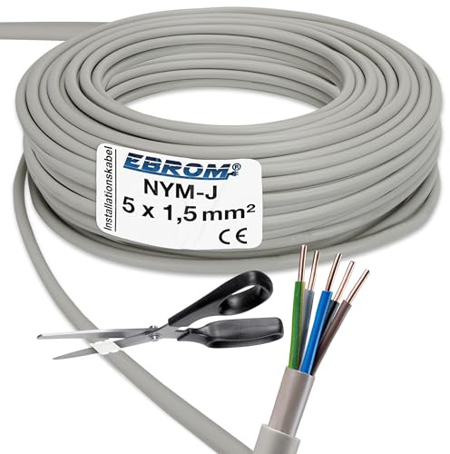 EBROM NYM-J 5x1,5 mm² Installationskabel Mantelleitung grau - Länge: 65 m | 5m bis 180m, Installationsleitung Feuchtraumkabel, für die feste Verlegung in trockenen + feuchten Räumen 5x1,5 mm2 300V/500V
