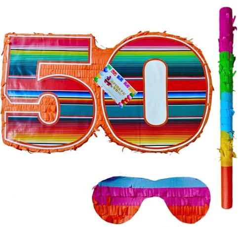 APINATA4U 50. Geburtstag Feier Kit – Lebendige Fiesta-Farben (44,5 x 25,4 x 8,9 cm) – Gedenken Sie an 50 fabelhafte Jahre mit einem festlichen Bash! Inklusive Stab und Maske für eine fröhliche