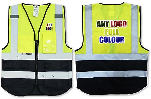 Personalisierte Salzmann 3M Warnweste mit mehrfarbigem Logo und Mehreren Taschen, hergestellt mit 3M Reflektierendem Material - Gelb Marineblau hochsichtbar Sicherheitsweste Arbeitsweste