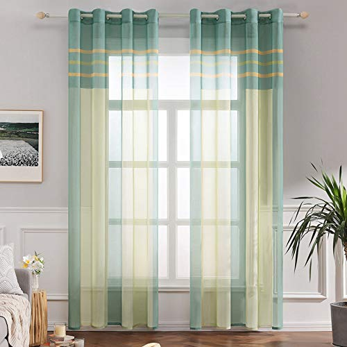 MIULEE Voile Vorhang Transparente Gardine aus Voile mit Ösen Schlaufenschal Ösenschals Transparent Fensterschal Wohnzimmer Schlafzimmer 2er Set 140x225 cm Grün + Gelb