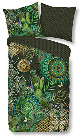 Traumschloss Comfort Flanell Bettwäsche »Pfau«, Mandalas mit Pfau und Pflanzen, grün, 155x220 & 80x80, 100% Baumwolle, wärmend & kuschelig, mit Reißverschluss bestehend aus Kissen und Bettbezug