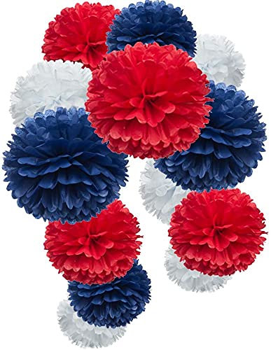 Happium 6 pompones de papel de seda, bola de flores de papel para fiesta de cumpleaños, Union Jack, Jubileo, bandera del Reino Unido, coronación, banco, decoración de festivales, azul, rojo y blanco