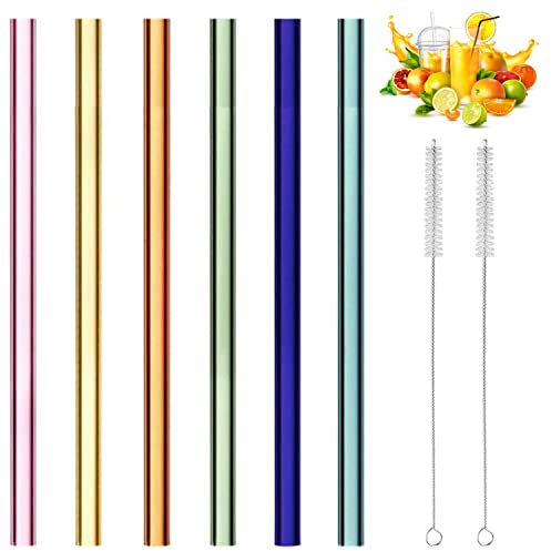 6 Stück Premium Strohhalme aus Glas, das Bunte Set beinhaltet 2 Reinigungsbürsten, Trinkhalme farbig 21,5 cm lang, Glasstrohalme, Trinkhalm recyclebar, Cocktail, Smoothie, gerade
