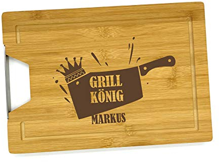 Saphir Design Holzbrett mit Gravur Grill König Schneidebrett personalisiert Name Holz 33x23x1,8 cm | Küchenbrett Name personalisiert Geschenk Grillen | Bambus Brett graviert (KSB-07)