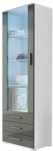Vitrine mit Blauer LED Beleuchtung SOHO S1 Vitrinenschrank Standvitrine Stauraumvitrine Glasvitrine Schrank Wohnzimmerschran (Weiß/Grau Hochglanz)