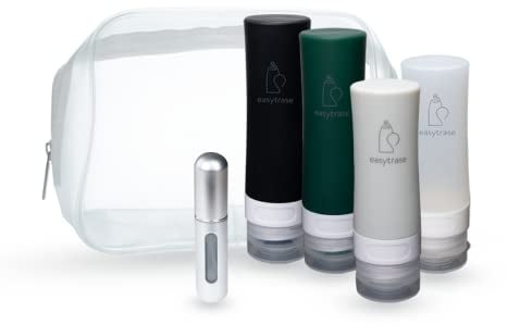 Easytrase Kosmetik-Silikonflaschen-Set 4er-Pack mit Etikett, Kulturbeutel & Parfümzerstäuber | TSA-Zulassung für Handgepäck | Auslaufsichere, Nachfüllbare, BPA freie Reiseflaschen für Pflegeprodukte