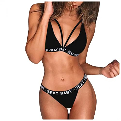Yoofeiduoduo Dessous Damen Sexy Unterwäsche Set Brief Drucken Lingerie BH Push up Bustier + Slip G-String UnterwäSche-Set Mode Bequem Erotikwäsche Reizwäsche für Frauen, Schwarz, M