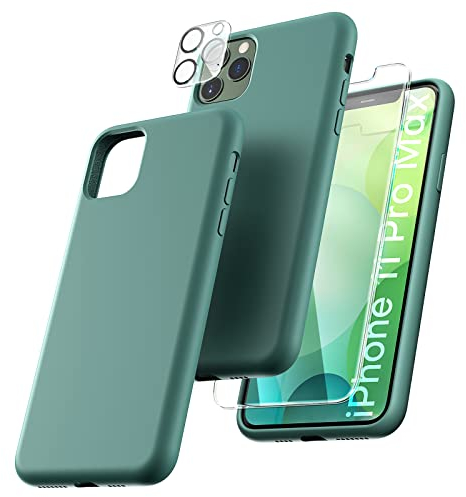 TOCOL 5 in 1 for iPhone 11 Pro Max Case 6.5, with 2 Pack Screen Protector + 2 Pack Camera Lens Protector, Liquid Silicone Slim Shockproof Cover [Anti-Scratch] [Drop Protection], Midnight Green