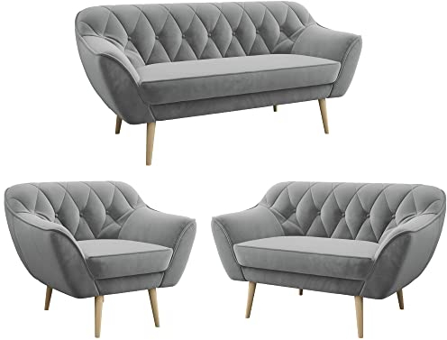 MKS MEBLE Sofa Grau - Moderne Sofa Set 3+2+1 - Skandinavische Deko Polstersofa - Pirs Zwei Loungesofas und Sessel - Sechs Personen Grau