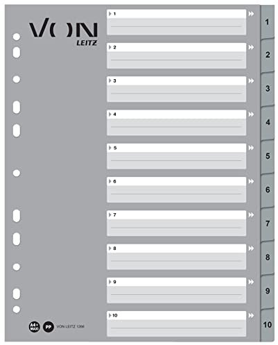 VON Leitz 10er Pack Zahlen-Register A4, 1-10 nummerierte Trennblätter für Ordner, PP, Extra breit, 11-Loch-Universalregister für Schnellhefter & Ringbücher,Grau, 12660085