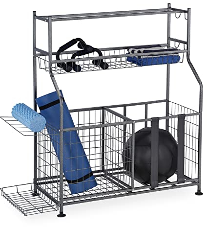 Relaxdays Equipment Storage, Metal, Shelf for Sports Utensils, H x D: 111 x 118 x 42 cm, Ball Rack, Grey, 100% steel, Gray
