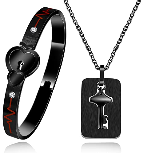 Uloveido Stainless Double Heart Infinity Love Lock Bangle Heartbeat Bracelet and Shield Key Pendant Necklace Couple Set for Men Women Y1891-Black