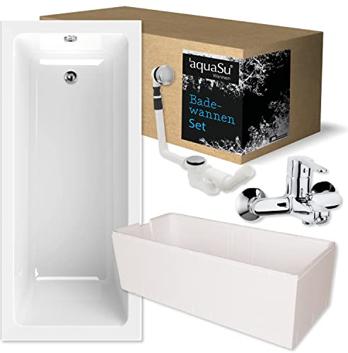 'aquaSu® Komplettset Acryl-Badewanne 170 x 75 cm linHa | Rechteckbadewanne | isolierender Styropor-Träger | Excenter-Ablaufgarnitur | Wand-Armatur | Badewannen-Set komplett | Weiß | 83200 7