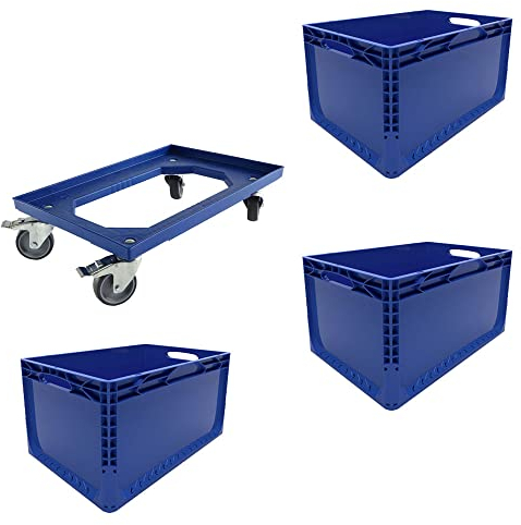 Set 3 Euroboxen + Rollwagen Transportwagen Transportroller Eurobehälter Lagerbox Blau Kistenroller Behälter Lagerkiste Stapelbox Lagerkasten Box Euronormbox Eurokiste Blau