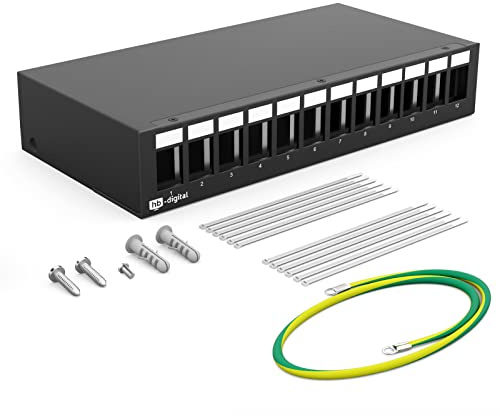 HB-DIGITAL 12-Port Patchpanel Gehäuse für Keystone Module mit z.B. RJ45 Buchse RJ11 Socket Antennenstecker F-Verbinder USB-C USB-A BF/AF HDMI Polklemme Gewindebuchse BNZ - Schwarz