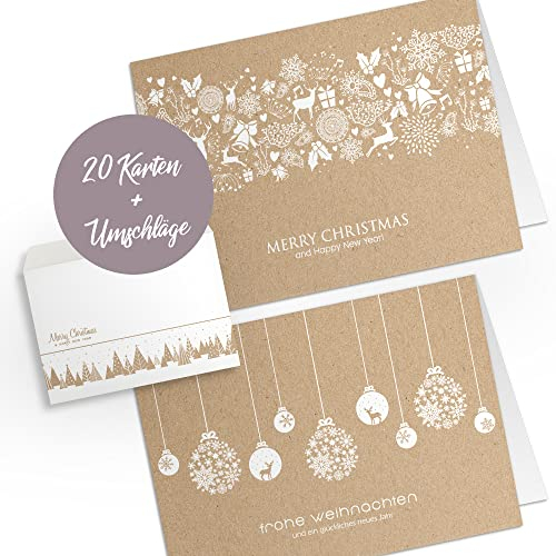 Weihnachtskarten mit Umschlägen - 20 Stück | Veredelte Premium Weihnachtskarten-Set schlicht & edel | A6 exklusiv Klappkarten mit Umschlag Set Kraftpapier geschäftlich team modern einfach elegant
