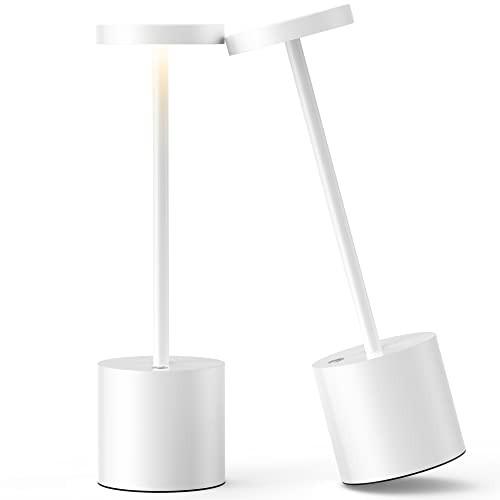 SLSMD Tischlampe Kabellos, 5000mAh Metall Aluminium Dimmbar LED Akku Tischleuchte,Tragbar USB Aufladbar Nachttischlampe, Geeignet für Indoor Outdoor Esszimmer Bar Terrasse (2 Weiß)
