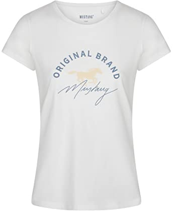MUSTANG Damen Tshirt Rundhals O-Neck Basic Kurzarm Logo Print Sommer Shirt | 100% Baumwolle Weiß Blau Grün Rot S M L XL XXL