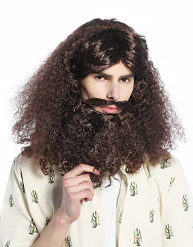 WIG ME UP - 210331-P4 Perücke & Bart Set Karneval Halloween lang lockig braun Guru Hippie Hipster