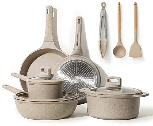 CAROTE 11-Piece Pan Set, 24 cm, 28 cm, 16 cm/1.5 L & 24 cm/4 L Saucepans, 28 cm Deep Frying Pan, Non-Stick Granite, Induction Compatible, Easy to Clean