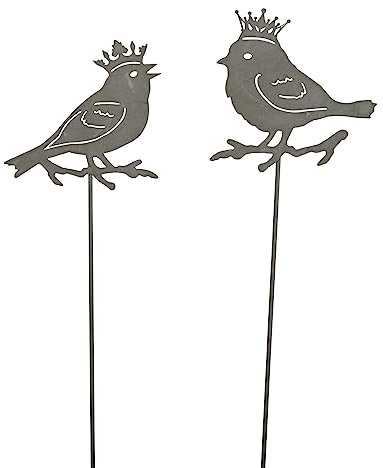 Gehlmann dekorativer Gartenstecker Silhouette 2 Vögel mit Krone Metall braun rostig oder hellgrau je Farbauswahl im 2-er Set (Grau)