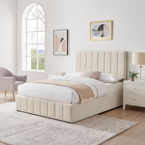 ECASA Plush Velvet Ottoman Storage Bed - Light Grey, Black and Beige | Luxurious Space-Saving Design with Hidden Storage | Stylish and Cozy Bedroom Furniture (Double, Beige)