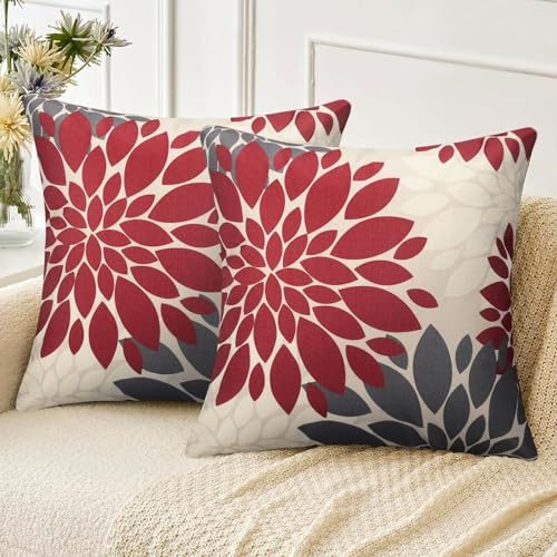 Velvhom Kissenbezug Leinen Rot und Grau 2er Set Deko Kissen Bezug Dahlie Blumen Kissenbezüge Kissenhülle Sofakissen Weich Couchkissen Zierkissen Kissen für Couch Sofa Wohnzimmer Schlafzimmer 45x45 cm