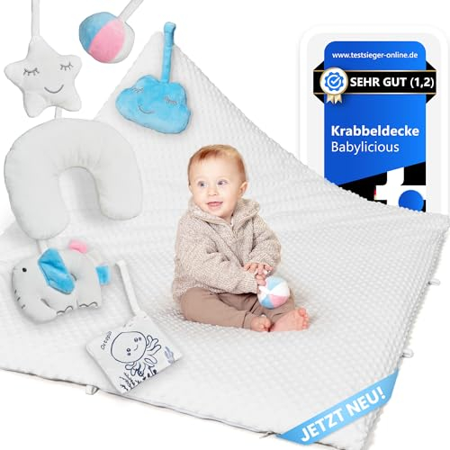Babylicious Krabbeldecke Montessori Spielbogen Spielmatte Mit Kuscheltiere Gepolstert [100x120 cm] Rutschfest Waschbar Weiß Beige
