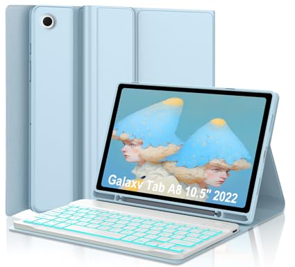 IVEOPPE Samsung Galaxy Tab A8 Hülle mit Tastatur, Samsung Tab A8 Tastatur 10.5 2022/2021, QWERTZ Deutsches Layout 7-Farbige Beleuchtung Tastatur mit Stifthalter für Galaxy Tab A8, Babyblau