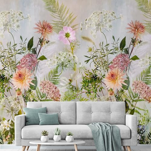 Fototapete Vlies Blumen Blätter Putz Optik Grün Rosa Grau ML2001