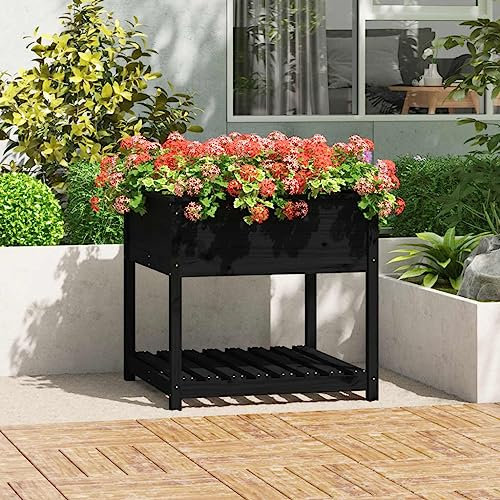 Higsose Jardinière avec Etagère Noir 82,5x82,5x81 cm Bois Massif de Pin Jardiniere Bois Jardiniere Balcon Jardinieres Exterieur Bois Jardiniere Interieur Jardiniere sur Pieds Jardiniere Haute