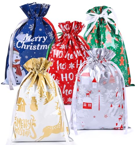 29 * 42cm Christmas Drawstring Bags，5pcs Xmas Gift Bags Printed with Different Patterns for Christmas Party ，Resuable Xmas Goodie Bags-Gingerbread Man