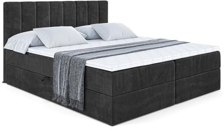 ALTDECOR Boxspringbett mit Matratze und Lattenrost, Boxbett, Topper, Polsterbett mit Bettkasten, Bett mit Stauraum H3-Matratze, Doppelbett, Springboxbett OTTA - 180x200 - Schwarz Samt